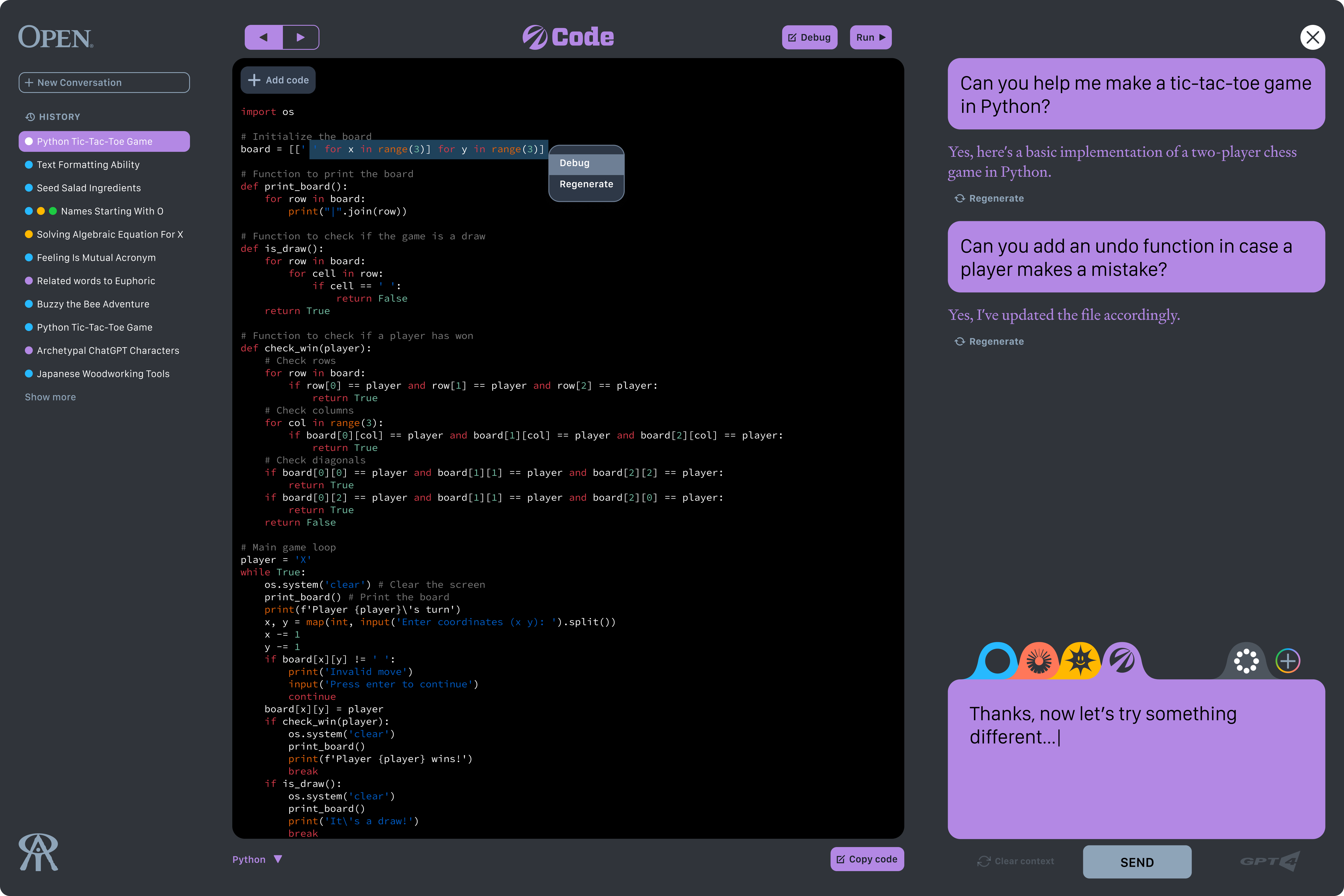 Code, being piloted by Warp